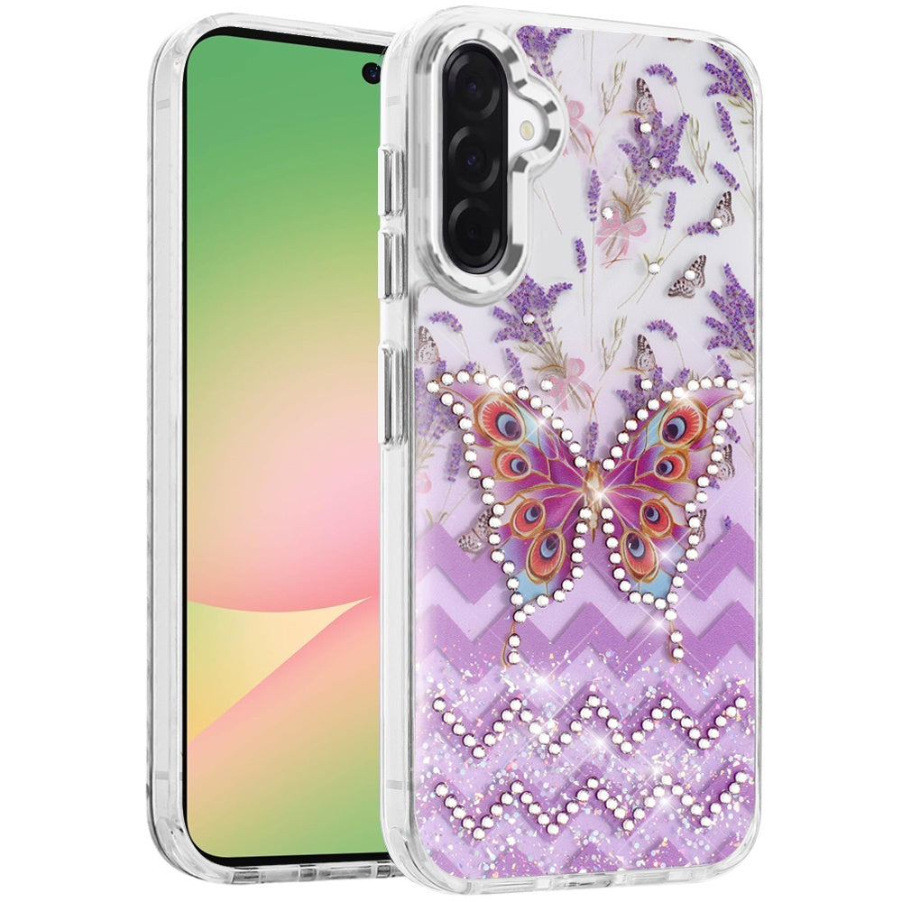 For Samsung Galaxy A57 Butterfly Resin Epoxy Diamond Design Metal Edged Hybrid Shockproof Heavy Duty Drop Protection Case Cover