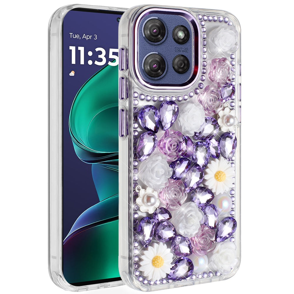 For Motorola Moto G Stylus 5G 2025 Fashion Daisy Floral Series, Full 3D Bling Crystal Diamonds Sparkling Rhinestone Glitter Hybrid Design Case Cover