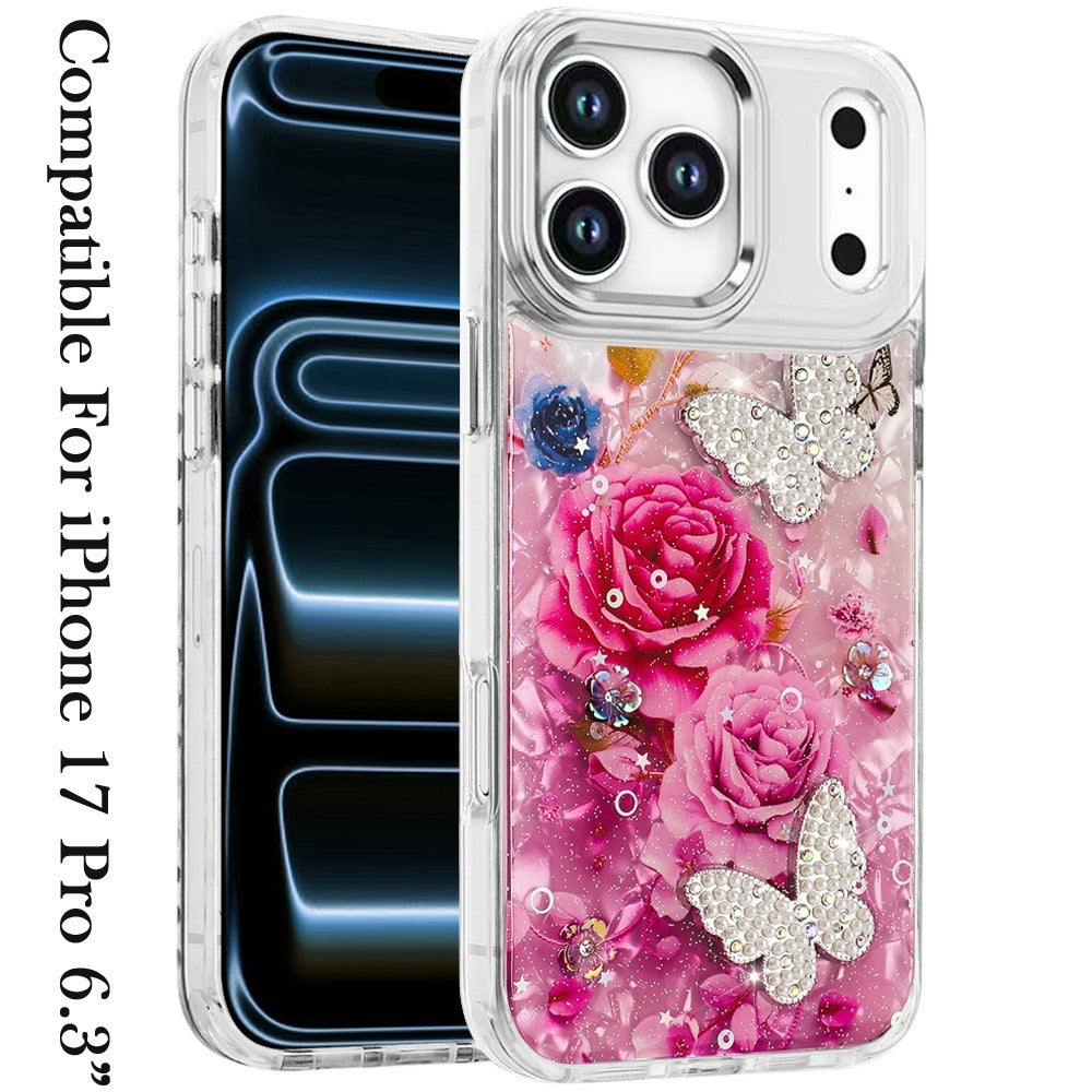 For Apple iPhone 17 Pro (6.3") Epoxy Glitter Flowers Bling 3D Butterfly Fashion TPU Hybrid with Shockproof Protection Case Cover