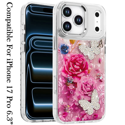 For Apple iPhone 17 Pro (6.3") Epoxy Glitter Flowers Bling 3D Butterfly Fashion TPU Hybrid with Shockproof Protection Case Cover