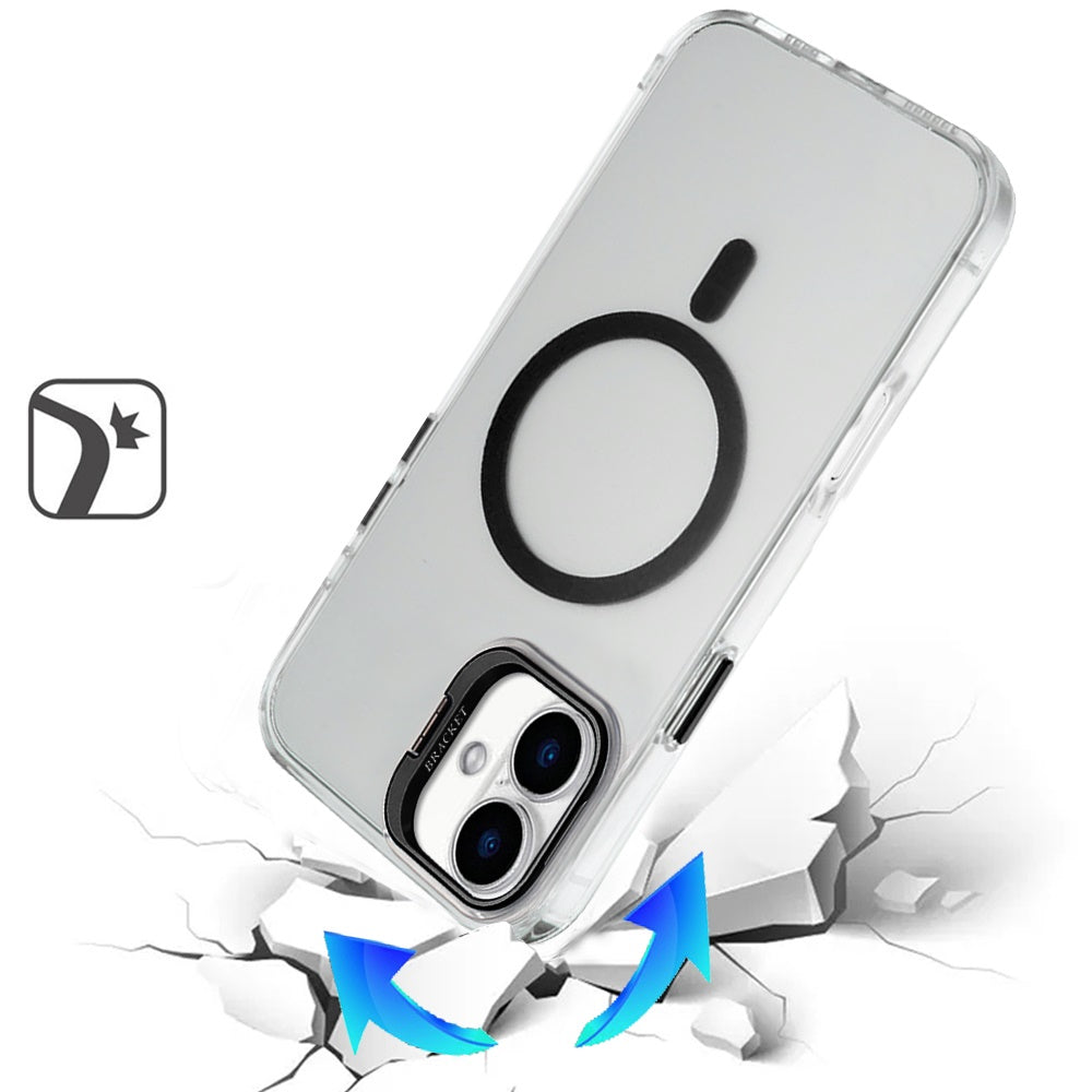 For Apple iPhone 17 (6.3") Magnetic Back MagSafe Compatible Transparent Hybrid Drop Protection with Metallic Camera Stand Case Cover