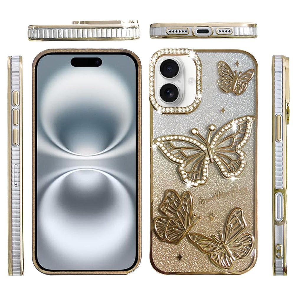 Phone Case for Apple iPhone 16 Plus Butterfly Freedom Shimmer Glitter Thick TPU Shockproof Anti Slip Durable Protective Design Cover Gold