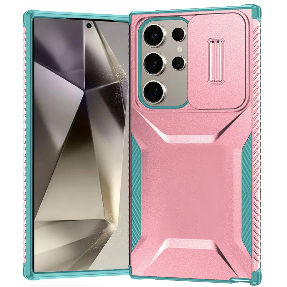 For Samsung Galaxy S25 Ultra Slim Fit Shockproof Hybrid with Slide Camera Window Covering, Rugged Tpu Silicone Hard PC Bumper Case Cover Pink-Teal