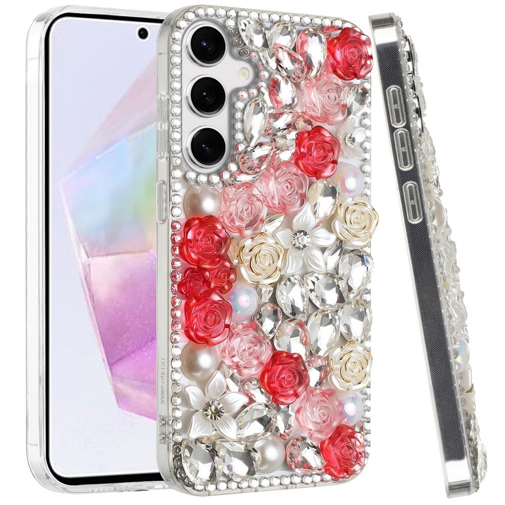 For Samsung Galaxy A36 Fashion Rose Flower Floral Bling Crystal 3D Full Diamonds Pearl Sparkle Rhinestone Glitter Hybrid Case Cover