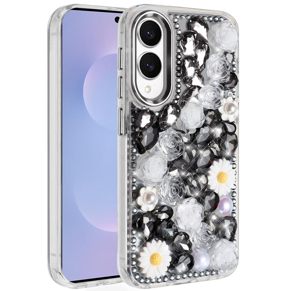 For Samsung Galaxy S25 Edge Fashion Daisy Floral Series, Full 3D Bling Crystal Diamonds Sparkling Rhinestone Glitter Hybrid Design Case Cover