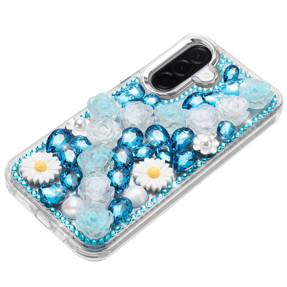 For Samsung Galaxy A37 Fashion Daisy Floral Series, Full 3D Bling Crystal Diamonds Sparkling Rhinestone Glitter Hybrid Design Case Cover