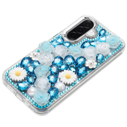 For Samsung Galaxy A37 Fashion Daisy Floral Series, Full 3D Bling Crystal Diamonds Sparkling Rhinestone Glitter Hybrid Design Case Cover