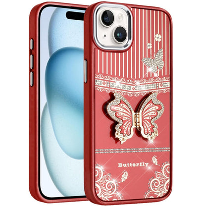 For iPhone 15 (6.1") Glitter 3D Butterfly Design Bling Metallic Edge Hybrid Stand Drop Protection TPU Shockproof Case Cover