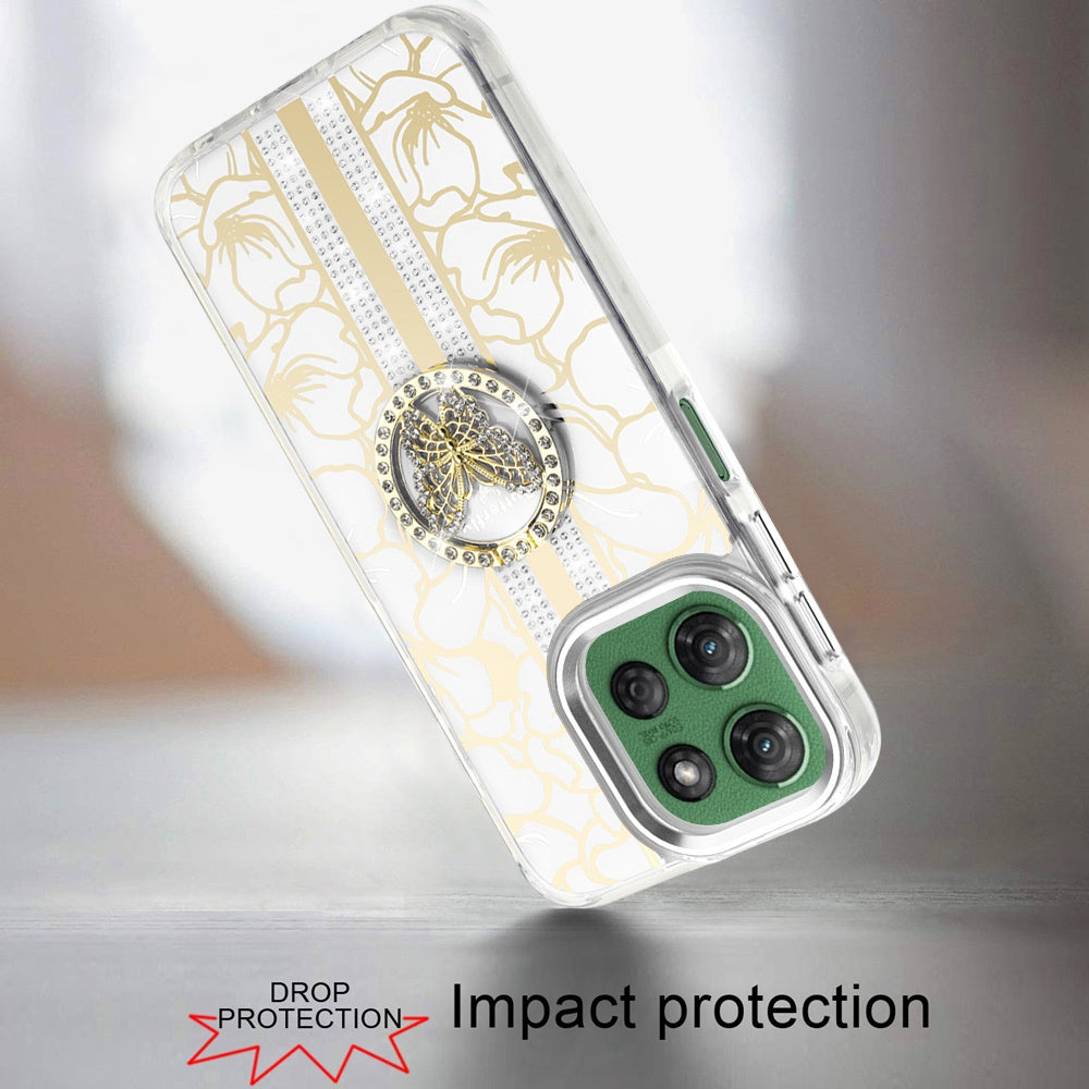 For Motorola Moto G Power 5G 2025 Diamonds 3D Butterfly Floral Design Bling Sparkly Glitter Hybrid Metal Fashion with Ring Stand Case Cover