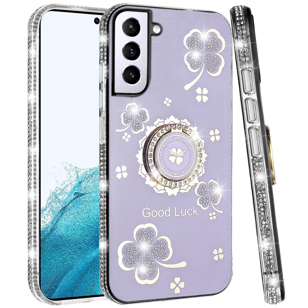 For Samsung Galaxy S22 Diamonds Bling All Around Edges Sparkly Glitter Hybrid with Ring Stand Holder Fashion Good Luck Case Cover