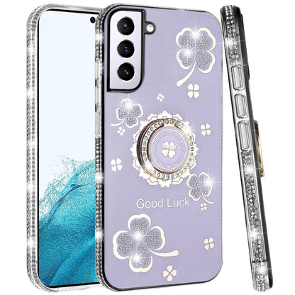 For Samsung Galaxy S22 Diamonds Bling All Around Edges Sparkly Glitter Hybrid with Ring Stand Holder Fashion Good Luck Case Cover
