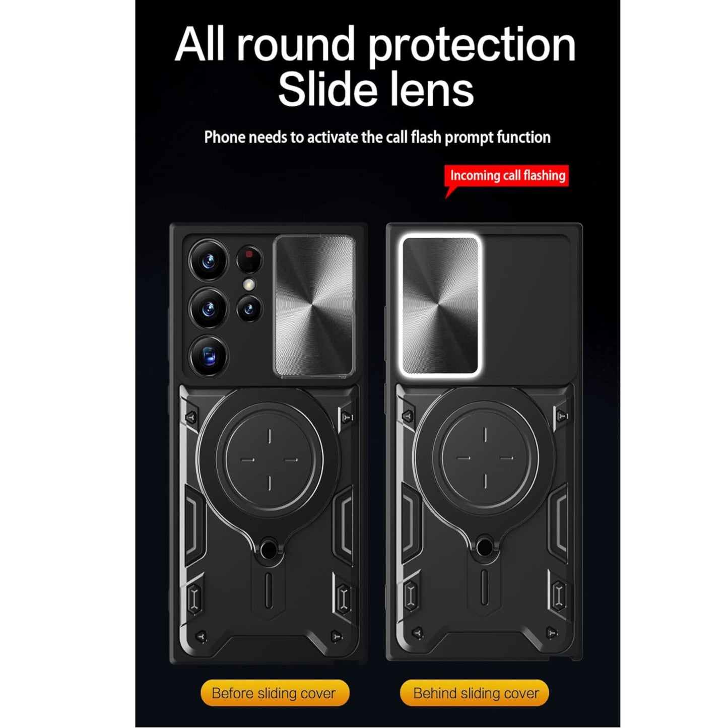 For Samsung Galaxy S26+ / S26 Plus Hybrid Shockproof with Magnetic Ring Stand, Compatible with Magsafe & Sliding Camera Lens Protector Case Cover Black