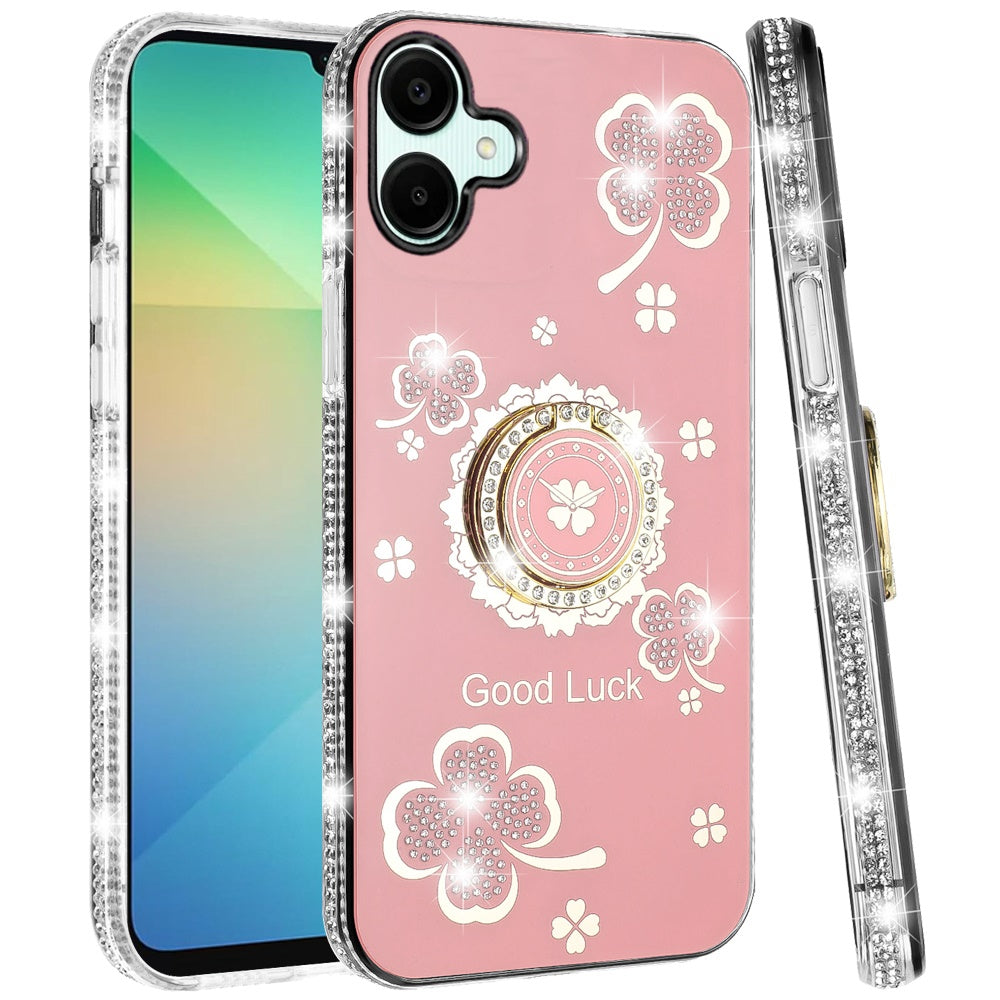 For Samsung Galaxy A06 Diamonds Bling All Around Edges Sparkly Glitter Hybrid with Ring Stand Holder Fashion Good Luck Case Cover