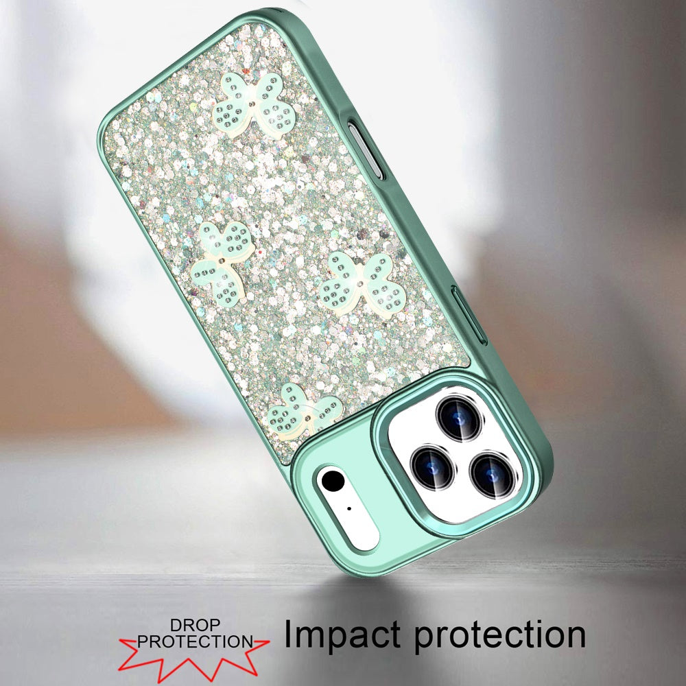 For Apple iPhone 17 Pro (6.3") Cute Butterfly Crystal Diamond Glitter Case Sparkle Bling Frame Metallic Edges, Shimmer TPU Hybrid Case Cover