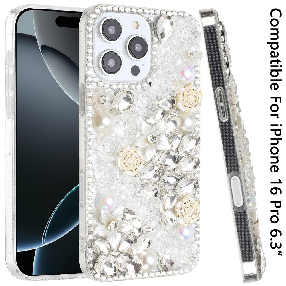 For Apple iPhone 16 (6.1") Fashion Rose Flower Floral Bling Crystal 3D Full Diamonds Pearl Sparkle Rhinestone Glitter Hybrid Case Cover