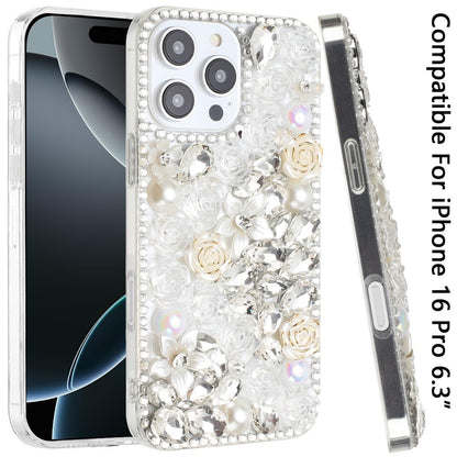 For Apple iPhone 16 (6.1") Fashion Rose Flower Floral Bling Crystal 3D Full Diamonds Pearl Sparkle Rhinestone Glitter Hybrid Case Cover