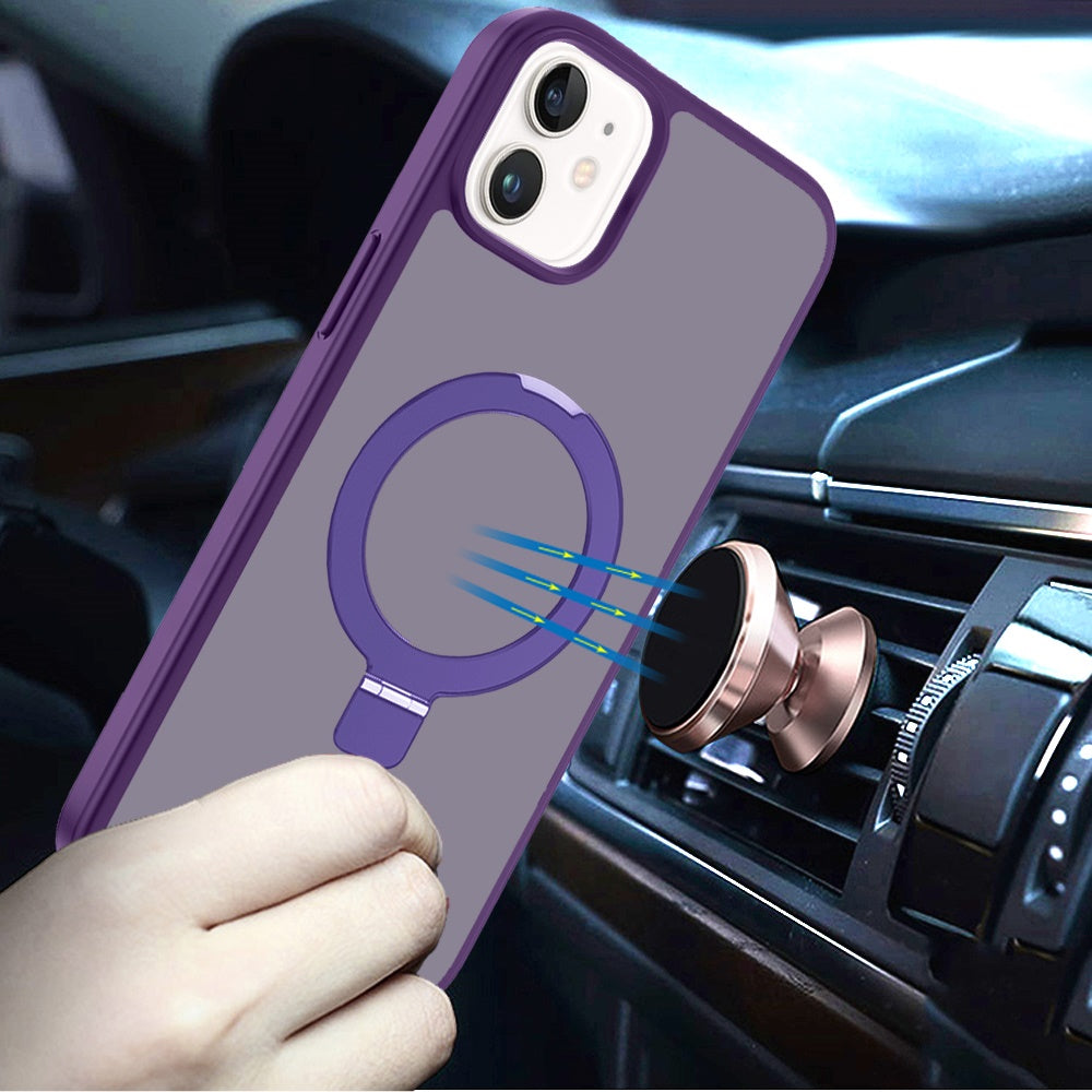For Apple iPhone 11 Magnetic Circle Back with Ring Stand Full Rotation Matte Hybrid Shockproof Case Cover Purple