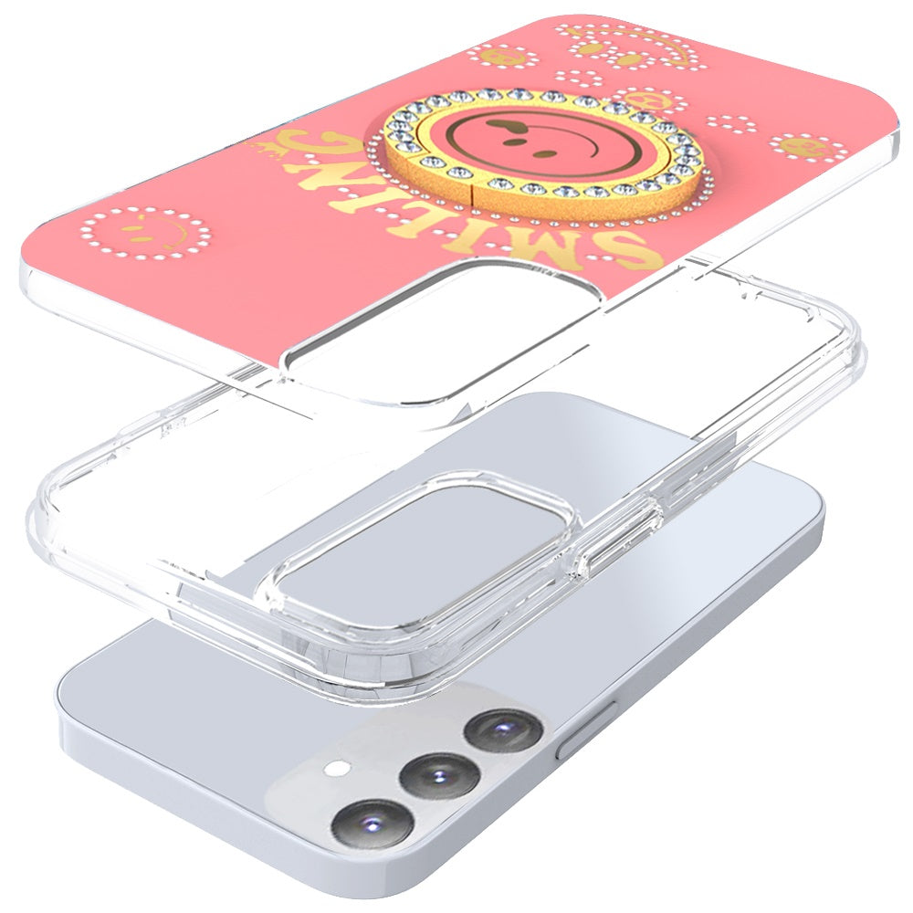 For Samsung Galaxy S25 Ultra Smiling Glitter Ornament Bling Sparkle with Ring Stand Hybrid Slim TPU + Hard Back Shell Case Cover