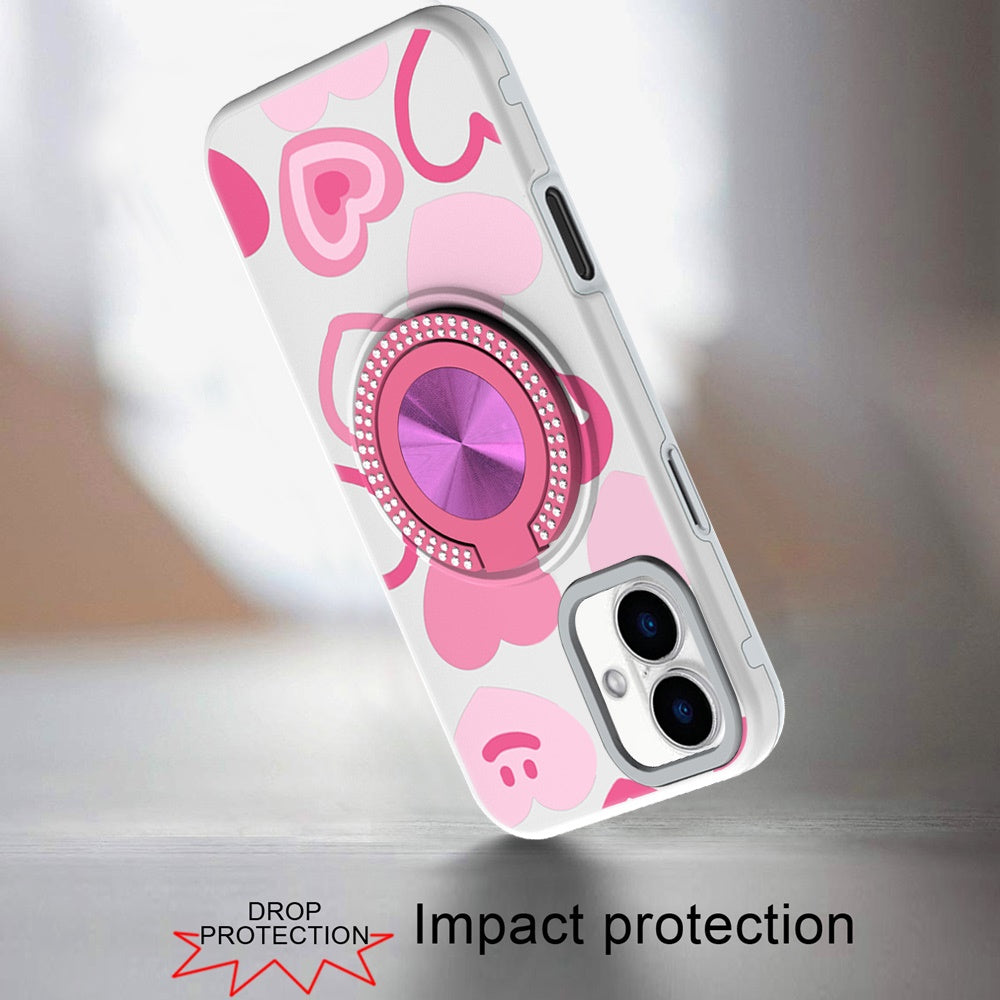 For iPhone 16 (6.1") Pattern Design Hybrid with Invisible Ring Stand & Magnetic Back, Shockproof Protective Grip Case Cover