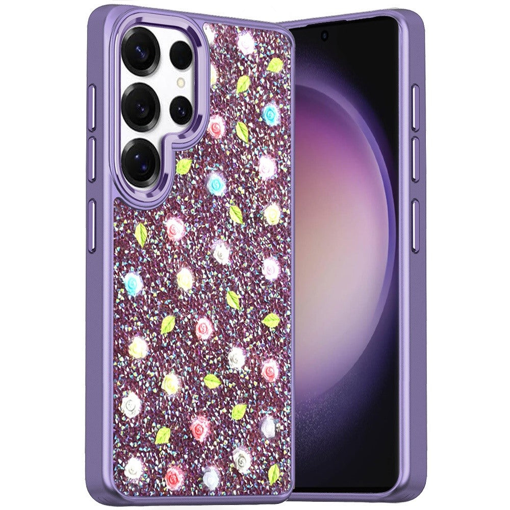 For Samsung Galaxy S26 Ultra Floral Design Embedded Glass Diamond Fancy Fashion Glitter Bling Sparkly Hybrid Rugged TPU Bumper Case Cover