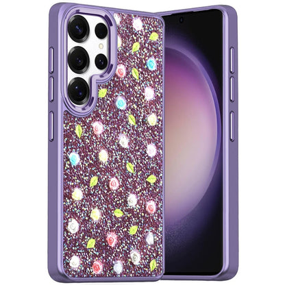 For Samsung Galaxy S26 Ultra Floral Design Embedded Glass Diamond Fancy Fashion Glitter Bling Sparkly Hybrid Rugged TPU Bumper Case Cover