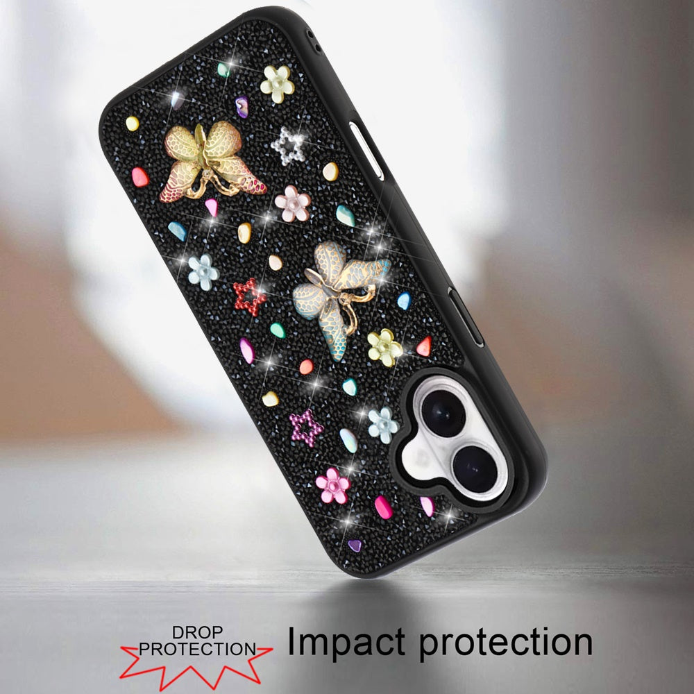 For Apple iPhone 17 (6.3") Diamond Butterfly 3D Glitter Bling Design, Slim Hybrid Sparkle Protective Cover TPU for Women Girls Case Cover