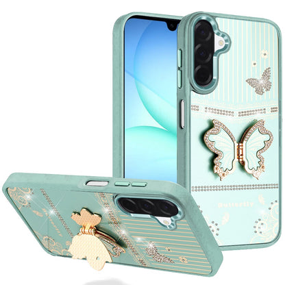 For Samsung Galaxy A17 5G Glitter 3D Butterfly Design Bling Metallic Edge Hybrid Stand Drop Protection TPU Shockproof Case Cover