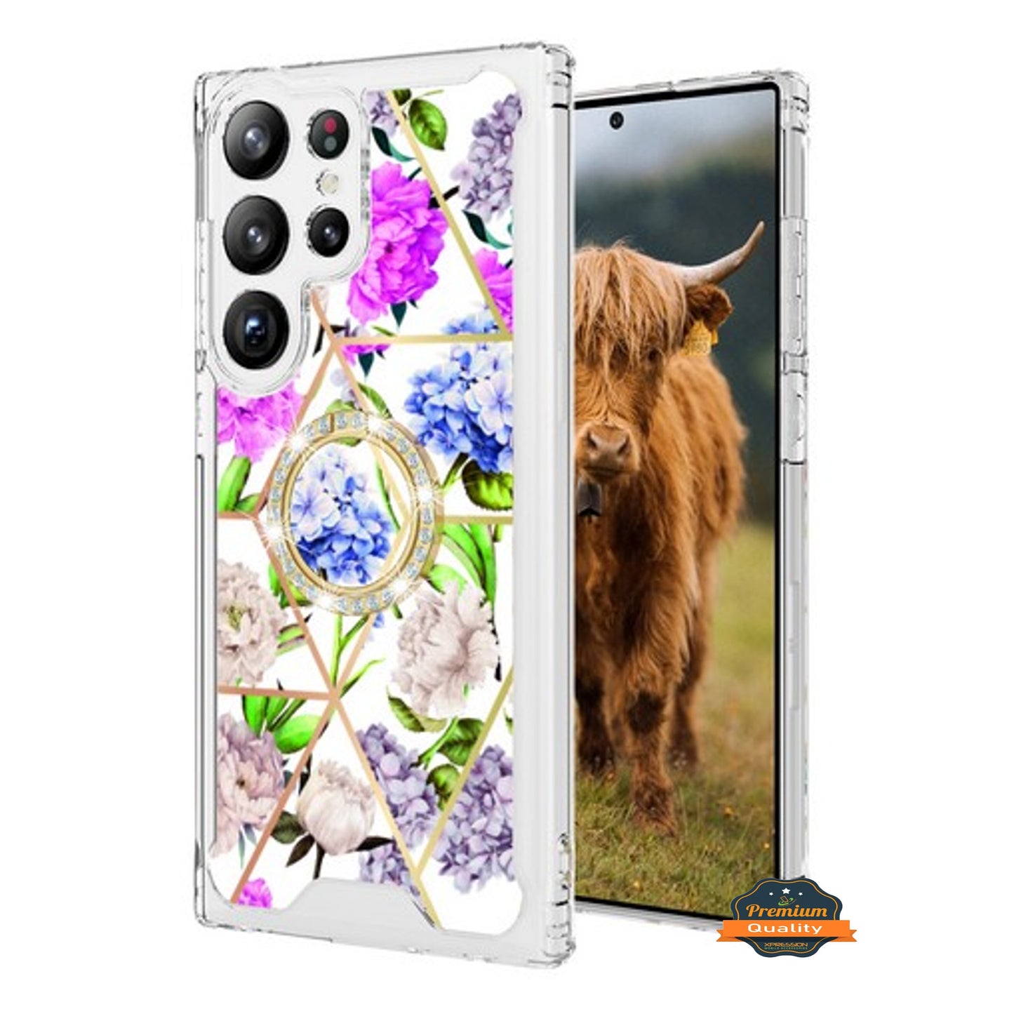 For Samsung Galaxy S25 Ultra Fashion Design Bling Diamond Hybrid Protective Case, Ring Kickstand Hard PC + TPU Case Cover