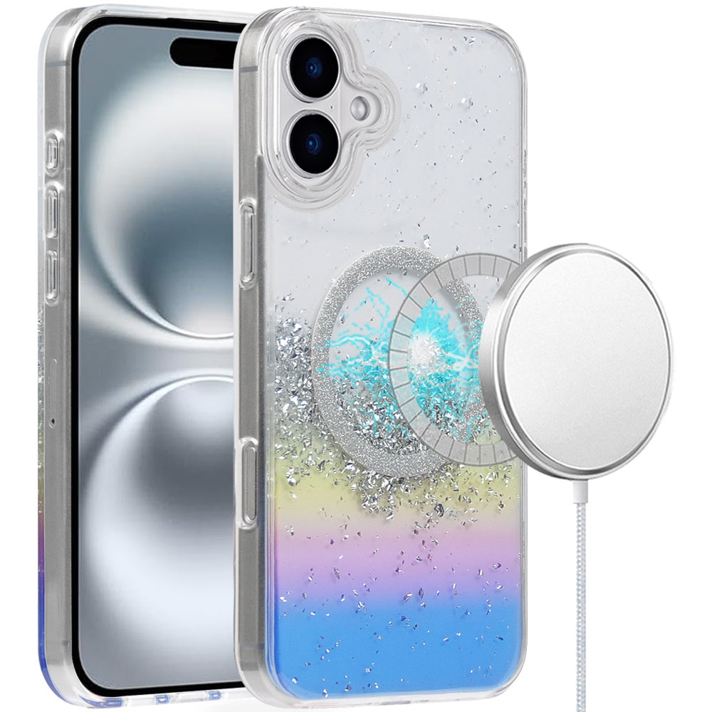 For Apple iPhone 16 (6.1") Premium Transparent Epoxy Glitter Bling Magnetic Circle Compatible with MagSafe Hybrid Sparkle Slim TPU Case Cover