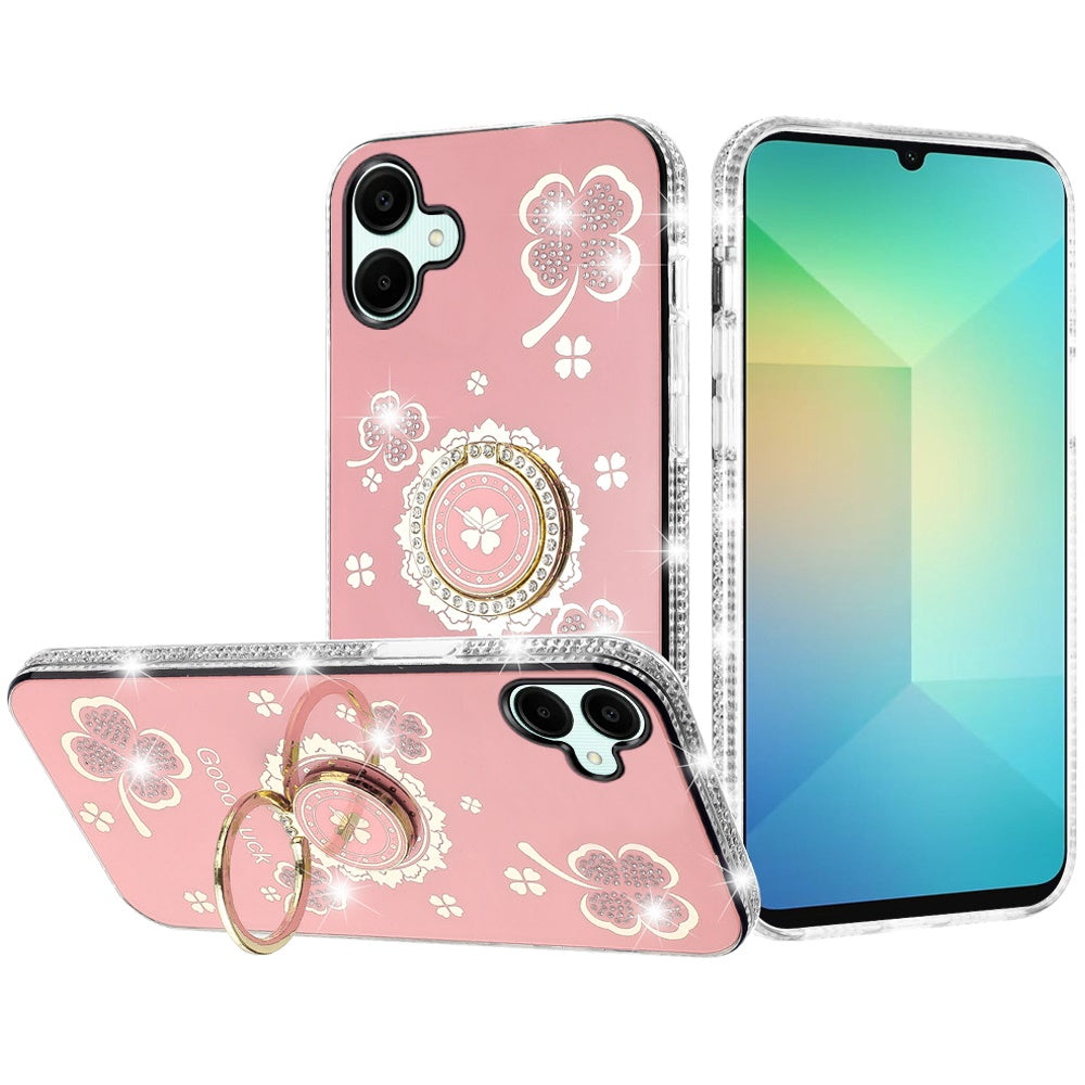 For Samsung Galaxy A06 Diamonds Bling All Around Edges Sparkly Glitter Hybrid with Ring Stand Holder Fashion Good Luck Case Cover