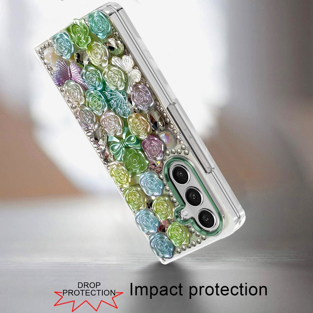 For Samsung Galaxy Z Fold 7 Muti-Color Floral Fashion Bling Crystal 3D Full Diamonds Stones Sparkle Rhinestone Glitter Hybrid Case Cover