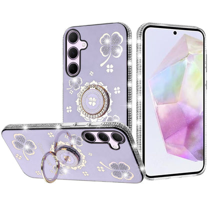 For Samsung Galaxy A36 Diamonds Bling All Around Edges Sparkly Glitter Hybrid with Ring Stand Holder Fashion Good Luck Case Cover