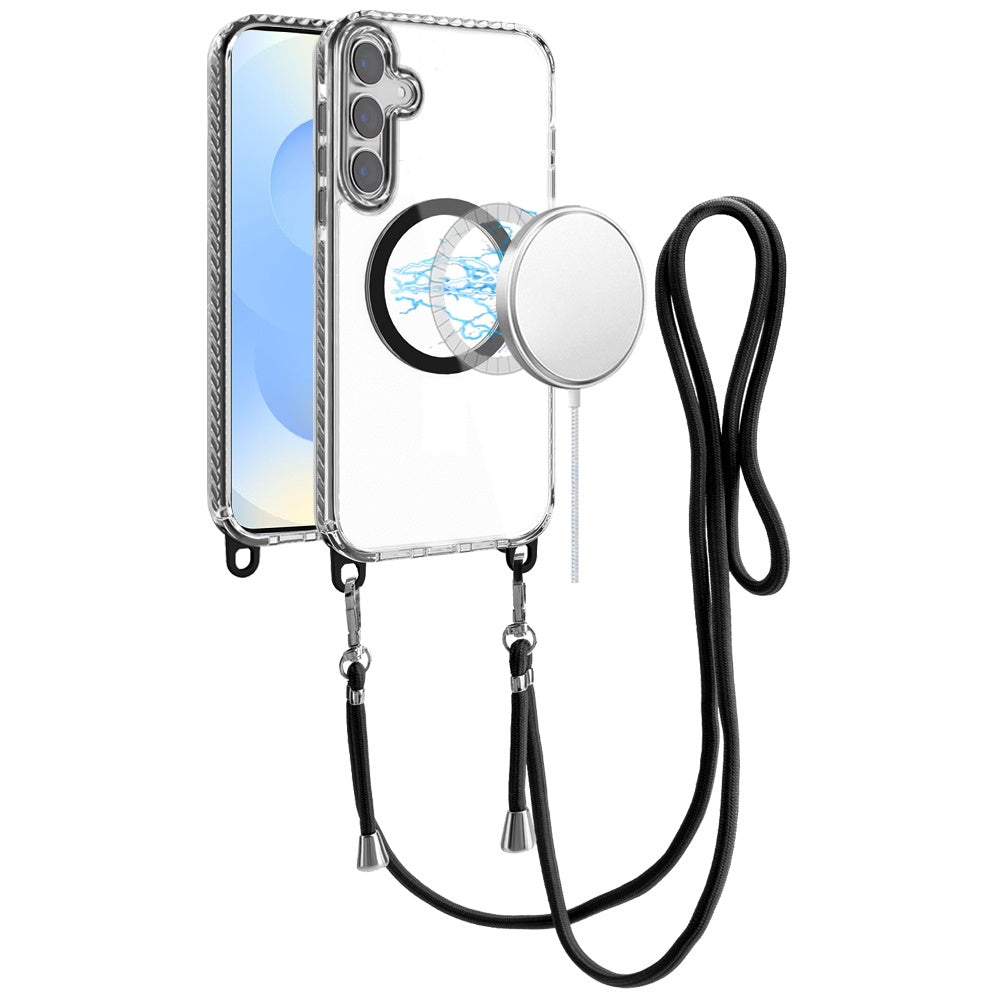 For Samsung Galaxy S25+ /S25 Plus /S24+ Plus Clear Magnetic Frame PC Back Shockproof Protective Case with Detachable Lanyard Strap, Compatible with MagSafe Case Cover