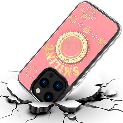 For Apple iPhone 17E /16E Smiling Glitter Bling Ornament Hybrid Shockproof Stylish Sparkle Design Secure Grip Durable Protection Case Cover Pink