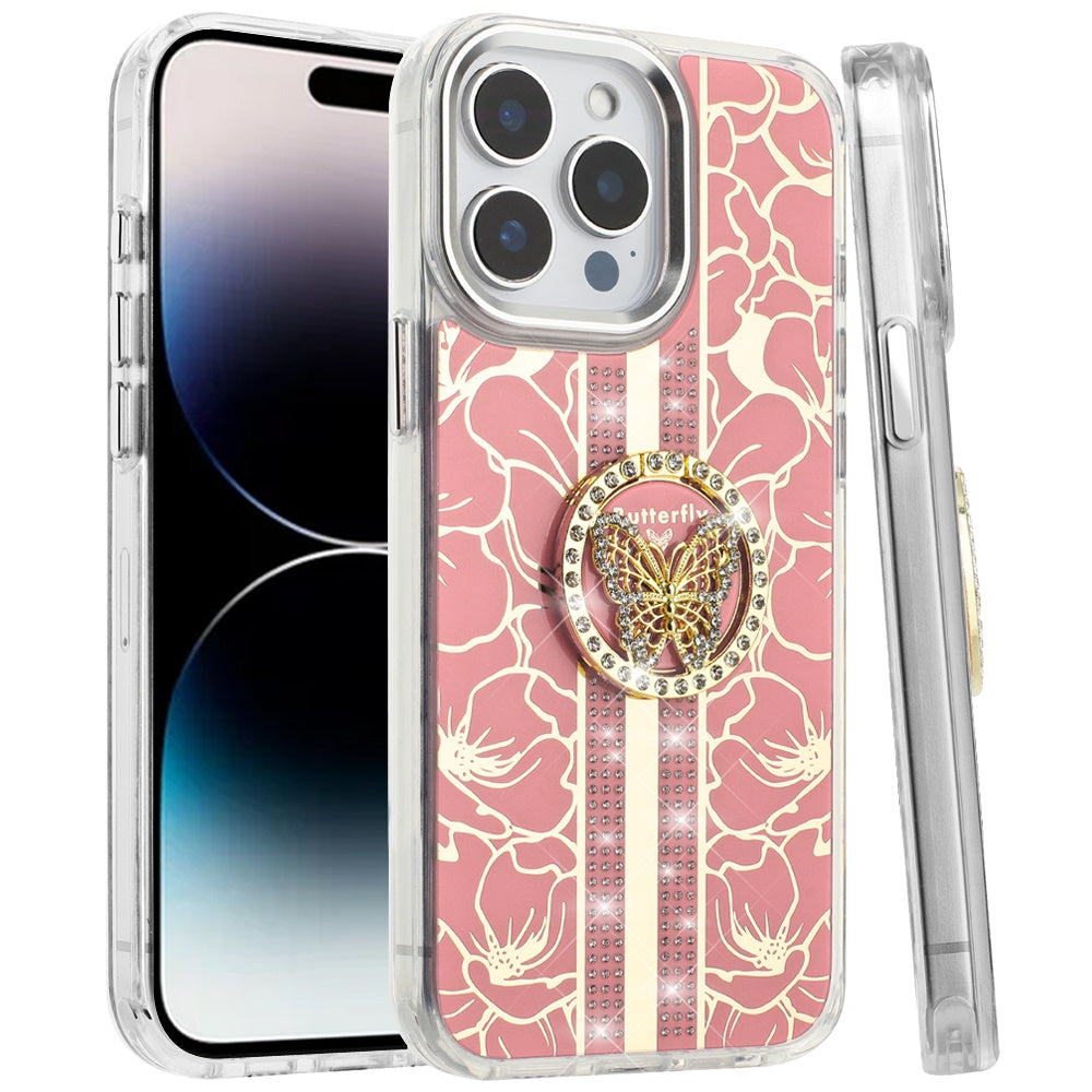For Motorola Moto G 5G 2025 Diamonds 3D Butterfly Floral Design Bling Sparkly Glitter Hybrid Metal Fashion with Ring Stand Case Cover Light Pink