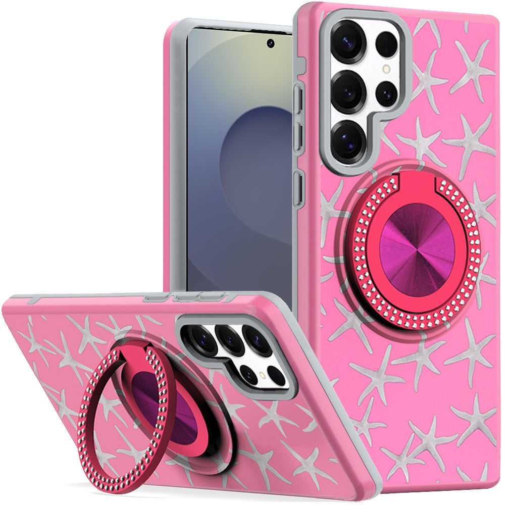 For Samsung Galaxy S25 Ultra Pattern Design Hybrid with Invisible Ring Stand & Magnetic Back, Shockproof Protective Grip Case Cover