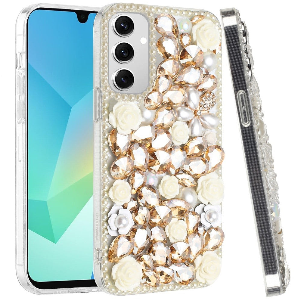 For Samsung Galaxy A16 5G Fashion Rose Flower Floral Bling Crystal 3D Full Diamonds Pearl Sparkle Rhinestone Glitter Hybrid Case Cover