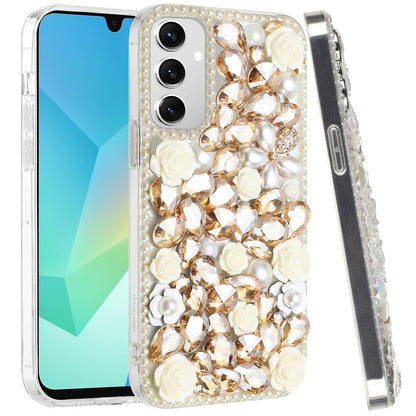 For Samsung Galaxy A16 5G Fashion Rose Flower Floral Bling Crystal 3D Full Diamonds Pearl Sparkle Rhinestone Glitter Hybrid Case Cover