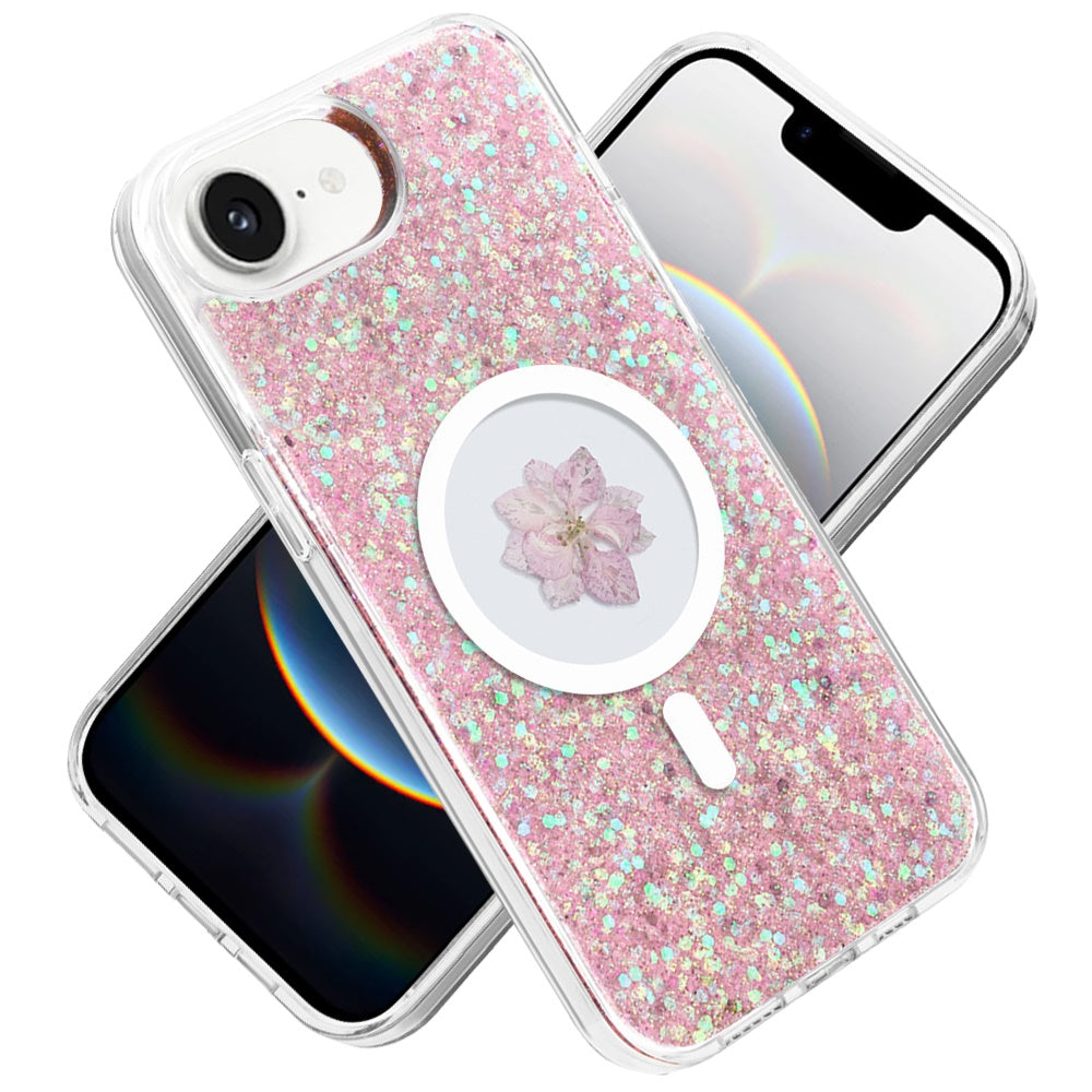 For Apple iPhone 17E /16E MagSafe Compatible Glitter Flower Epoxy Hybrid Slim TPU Case, Magnetic Circle Design, Sparkly Bling Protective Case Cover