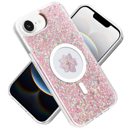 For Apple iPhone 17E /16E MagSafe Compatible Glitter Flower Epoxy Hybrid Slim TPU Case, Magnetic Circle Design, Sparkly Bling Protective Case Cover
