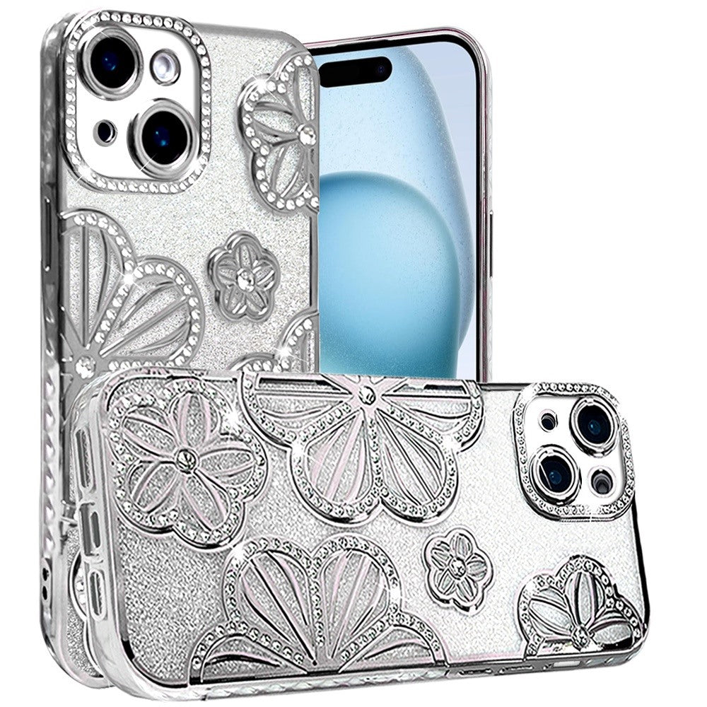 For Apple iPhone 15 Luxury Flower Design Sparkle Glitter Diamond Rhinestone Shimmer Bling Plating Thick TPU Hard PC Case Cover