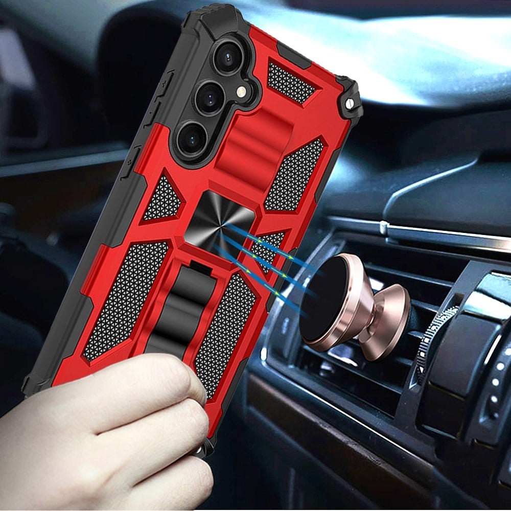 Phone Case for Samsung Galaxy S25 FE, S25 Fan Edition Hiden Kickstand Shockproof Rugged Armor Grip Hybrid Heavy Duty Anti Slip Protective Durable Machine Style Cover Red