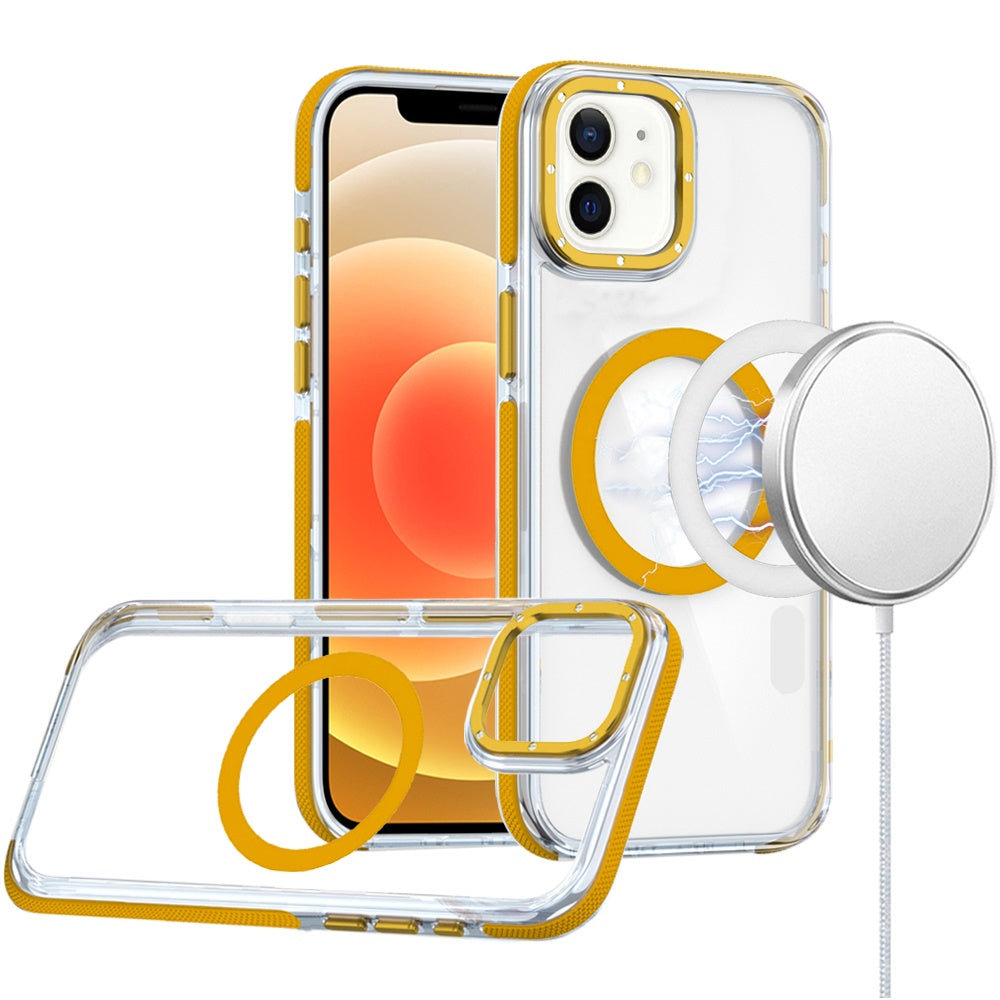 For Apple iPhone 16 (6.1") Transparent back with Colorful Frame Strong Magnetic Circle [Compatible with Magsafe] Slim Shockproof Case Cover Clear Yellow
