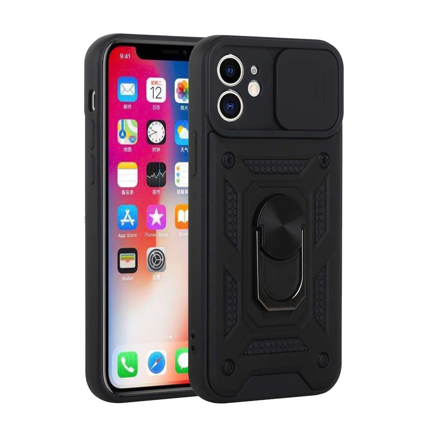 For Apple iPhone SE 3 (2022) SE/8/7 Hybrid Case with Slide Camera Lens Cover, Ring Kickstand, Heavy-Duty Dual Layer TPU, Fit Magnet Car Mount Case Cover
