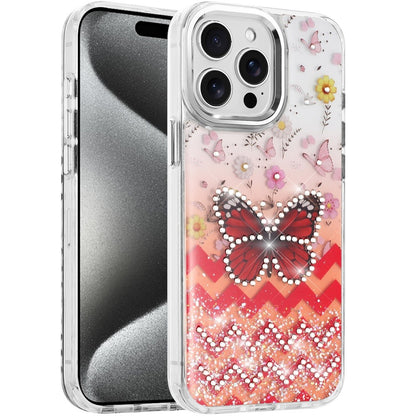 For Apple iPhone 15 Pro Max Butterfly Resin Epoxy Diamond Design Metal Edged Hybrid Shockproof Heavy Duty Drop Protection Case Cover
