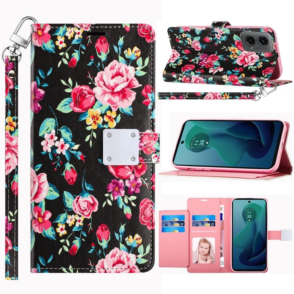 For Motorola Moto G 5G 2024 Wallet Card Holder Lanyard Magnetic Metal Closure Shockproof Protection Secure Grip ID Cash Storage Strap Carry Design Case Cover White Daisy Blossom Floral