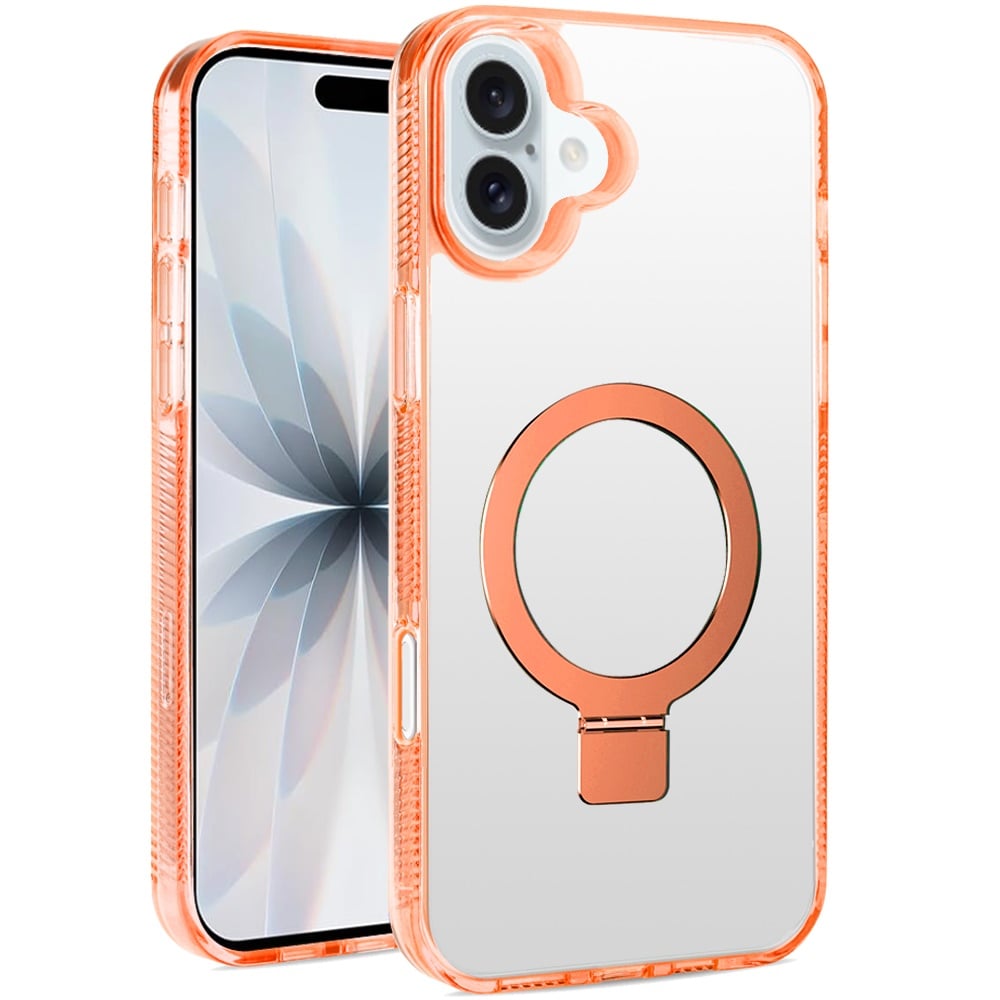 For Apple iPhone 17 (6.3") Transparent Magnetic Ring Circle Stand with MagSafe Compatible Hybrid Dotted Edged Hard PC Shockproof Case Cover Cosmic Orange