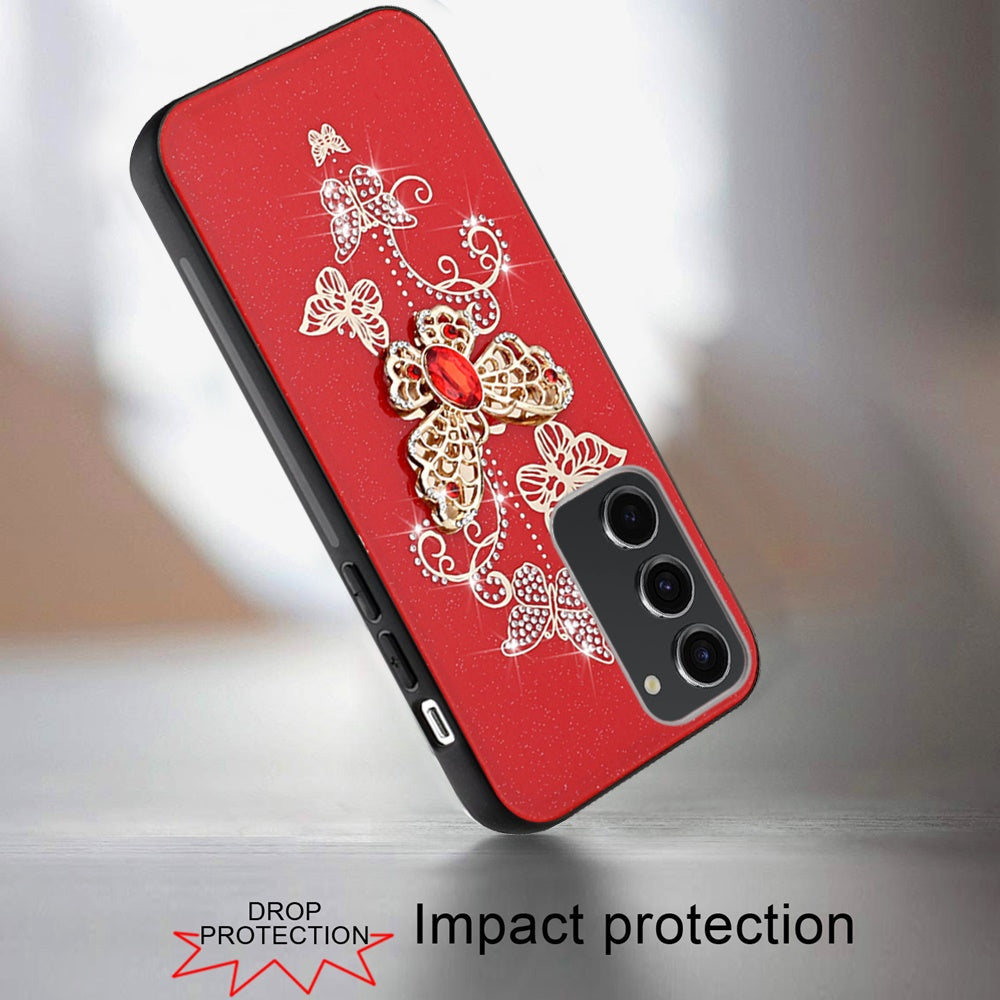 For Samsung Galaxy Z Flip 7 FE Diamonds 3D Butterfly Bling Sparkly Glitter Ornaments Engraving Hybrid Metal Fashion Case Cover Red Garden Butterflies
