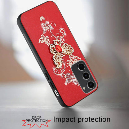 For Samsung Galaxy Z Flip 7 FE Diamonds 3D Butterfly Bling Sparkly Glitter Ornaments Engraving Hybrid Metal Fashion Case Cover Red Garden Butterflies