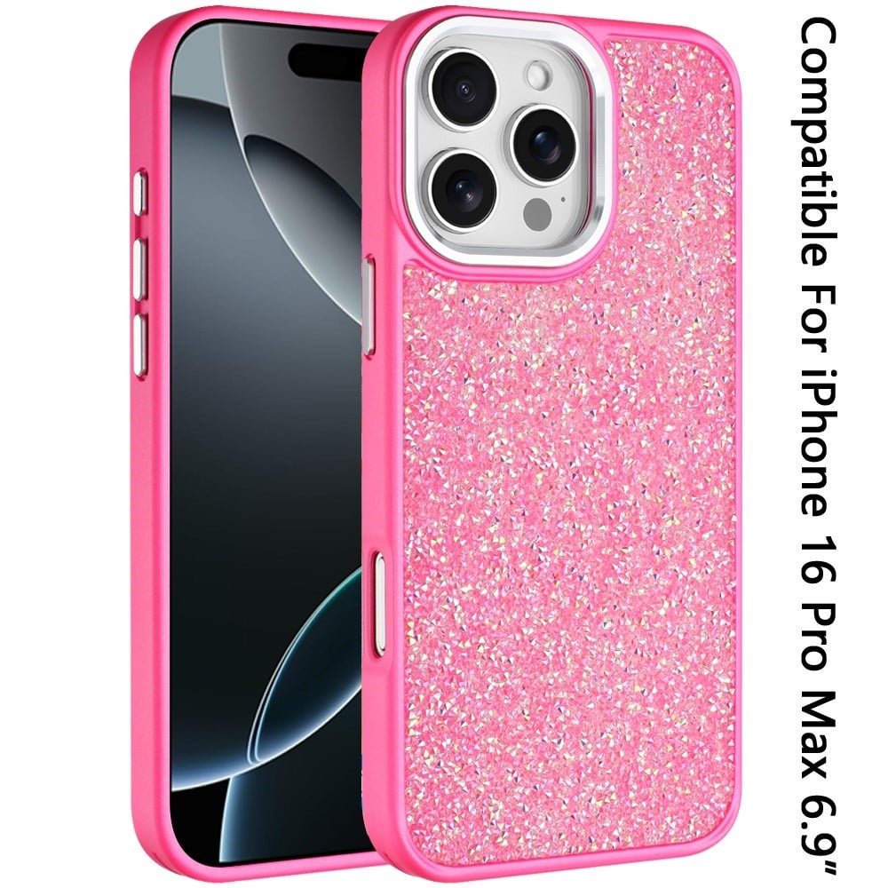 For iPhone 16 Pro Max (6.9") Crystal Sparkle Diamond Glass Full Mini Glitter Bling Frame TPU Hybrid Protective Case Cover